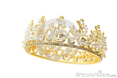 Gold crown of queen with pearl and white jewel of precious stone Stock Photo