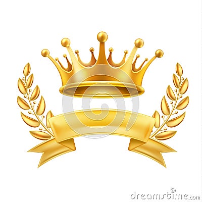 Gold crown ribbon laurel wreath winner shiny sign Vector Illustration