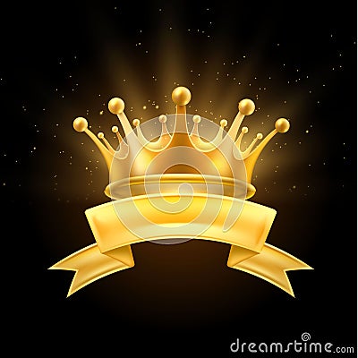 Gold crown ribbon winner shiny sign black Vector Illustration