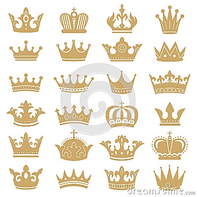 Gold crown silhouette. Royal crowns, coronation king and luxury queen tiara silhouettes icons vector set Vector Illustration