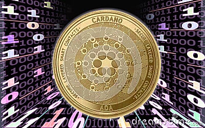 Gold Crypto Coin Cardano, on the background of the Binary code with tunnels with energies Editorial Stock Photo