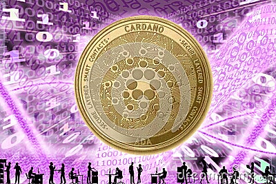 Gold Crypto Coin Cardano, on the background of the Binary code with tunnels with energies. Silhouettes of people in the office Editorial Stock Photo