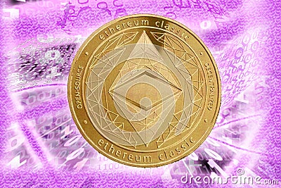 Gold Crypto Coin Ethereum classic, on the background of the Binary code with tunnels with energies Editorial Stock Photo