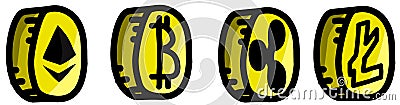 Gold cryptocurrency coins set, Etherum, Bitcoin, Litecoin and Ripple Vector Illustration