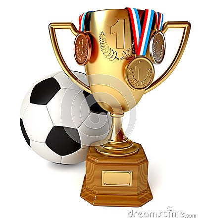 Gold Cup with medals and soccer ball Cartoon Illustration