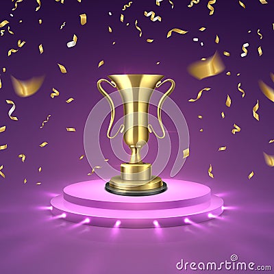 Gold cup on podium. Business or sport competition winner. Honored trophy award cup of stage. Vector illustration golden Vector Illustration