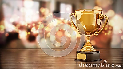 Gold cup standing on wooden table against bokeh background. 3D illustration Cartoon Illustration