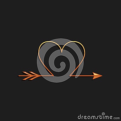Gold Cupid arrow heart, Valentines Day cards icon isolated on black background. Long shadow style. Vector Vector Illustration