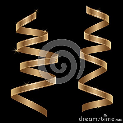 Gold curling streamer. Serpentine ribbons. Streamers confetti. Falling golden decoration for party, birthday, celebration, Vector Illustration