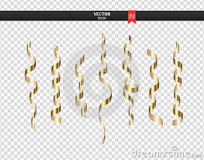 Gold curly ribbon serpentine confetti. Golden streamers set on transparent background. Colorful design decoration party Vector Illustration