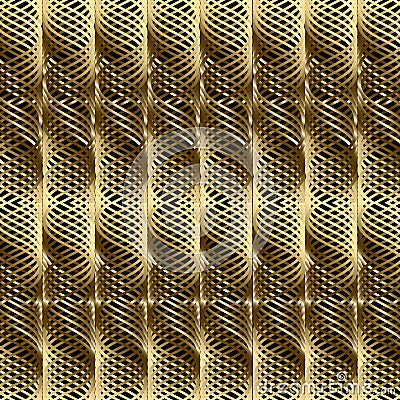 Gold 3d braided wavy lines seamless pattern. Vector geometric ab Vector Illustration