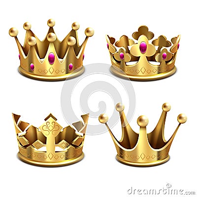 Gold 3d crown vector set. Royal monarchy and kings attributes Vector Illustration