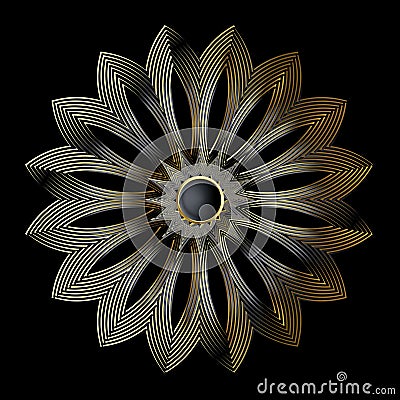 Gold 3d flower. Line art floral mandala pattern. Surface lines ornament. Textured ornamental modern design. Black luxury Vector Illustration