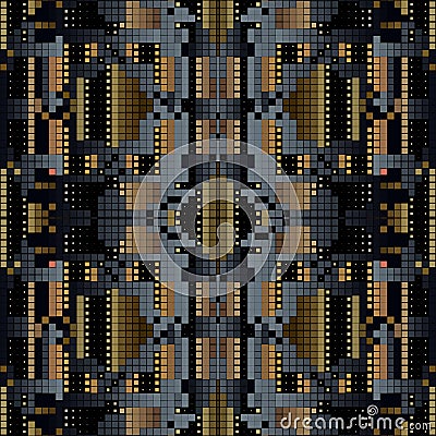 Gold 3d mosaic seamless pattern. Textured halftone squares background. Repeat ornate half tone backdrop. Pixel grid geometric Vector Illustration