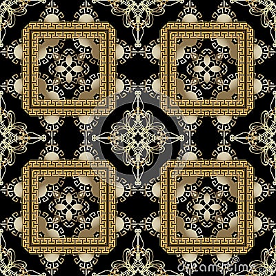 Gold 3d ornamental 3d greek vector seamless pattern. Geometric abstract modern background. Vintage arabesque flowers Vector Illustration