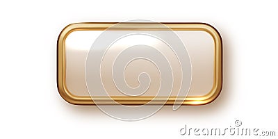 Gold 3d rectangle button isolated on white background. Glossy golden metallic shape. 3D realistic vector shiny icon. Stock Photo