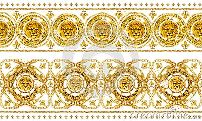 Gold damask seamless pattern. Watercolor vintage golden lion ornament. Stock Photo