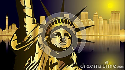 Gold and dark blue New York and statue vector Vector Illustration