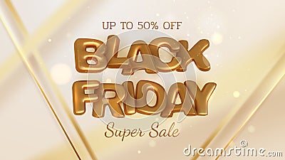 Gold diagonal, blurred lines, black friday sale banner background, realistic 3d luxury lettering, up to 50 % off. Vector Illustration