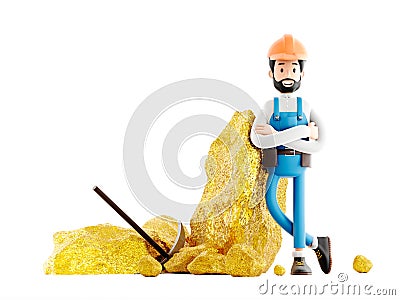 Gold digger character miner mining gold on white background. 3d illustration. Cartoon Illustration