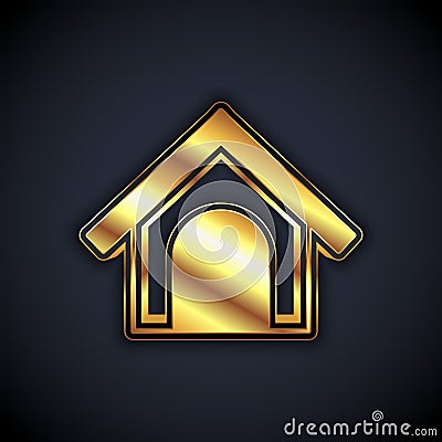 Gold Dog house icon isolated on black background. Dog kennel. Vector Vector Illustration