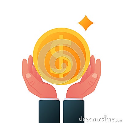Gold dollar coin in hand. Vector illustration flat style design. Vector Illustration