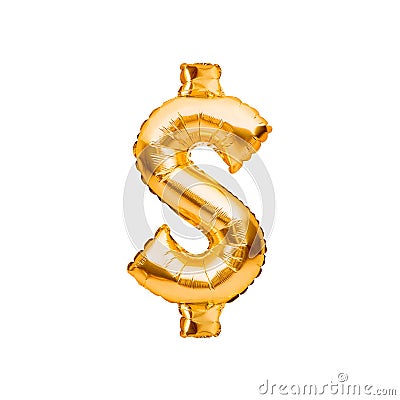 Gold Dollar Sign Balloon. Golden usd currency symbol made of inflatable foil balloon. Investment and banking concept Stock Photo