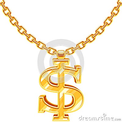Gold dollar symbol on golden chain vector hip hop rap style necklace Vector Illustration