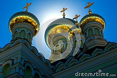 The gold domes with crosses on the roof. Stock Photo