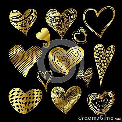 Gold doodle textured hearts different shapes set Cartoon Illustration