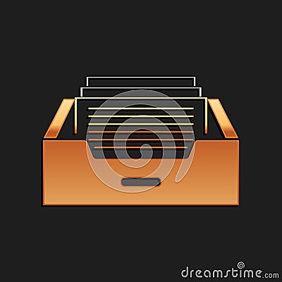 Gold Drawer with documents icon isolated on black background. Archive papers drawer. File Cabinet Drawer. Office Vector Illustration