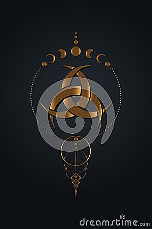 Gold dreamcatcher Moon Phases and Three Interlaced Crescents moon. Religion symbol, Odin icon. Golden luxury Celtic sacred flower Vector Illustration