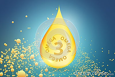 Gold drop of Omega 3. The natural fish-oil for health and protect the skin. Vector illustration Vector Illustration