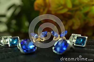 Fashion earrings Blue gemstone, beautiful, luxurious and expensive Stock Photo