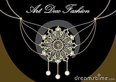 Gold earrings with green gem. Set of antique gold jewel in art deco style. Nostalgic vintage patterns. Metallic brass jewelry. Vector Illustration