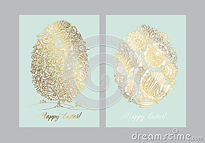 Gold easter egg with folk decorative pattern. Vector Illustration