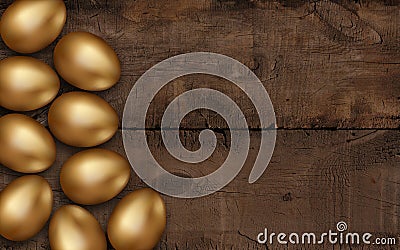 Gold Easter eggs on dark wooden background. Rustic dark background. Colorful golden easter eggs on a wooden table. Invitation Stock Photo