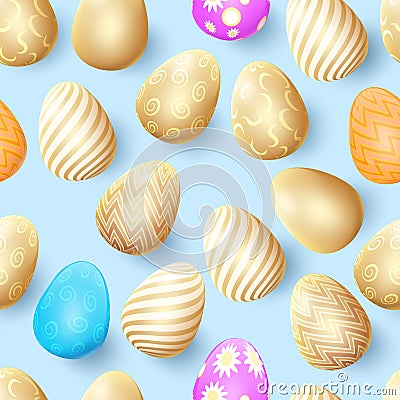 Gold easter eggs, luxury pattern. Spring greeting card, happy golden poster, art decor for invitation and greeting Vector Illustration