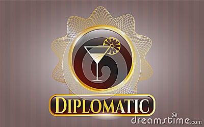 Gold emblem or badge with cocktail glass icon and Diplomatic text inside Vector Illustration