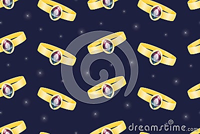 Gold engagement ring with ruby gemstone. Women expensive royal jewelry. Vector seamless pattern Vector Illustration