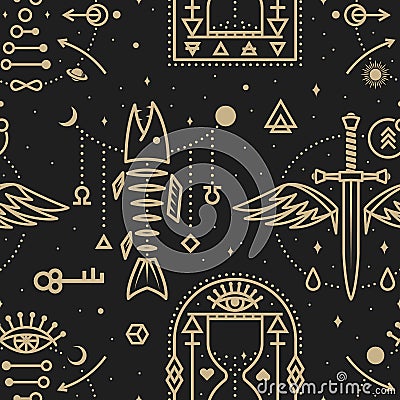 Gold esoteric seamless pattern, background. Vector Thin line geometric pattern. Outline texture for alchemy, sacred Vector Illustration