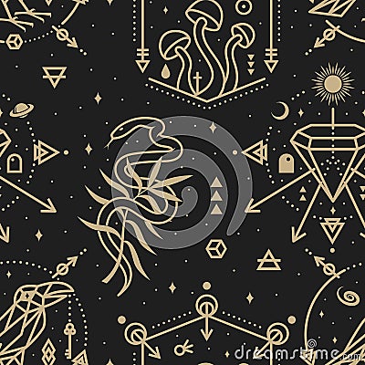 Gold esoteric seamless pattern, background. Vector Thin line geometric pattern. Outline texture for alchemy, sacred Vector Illustration