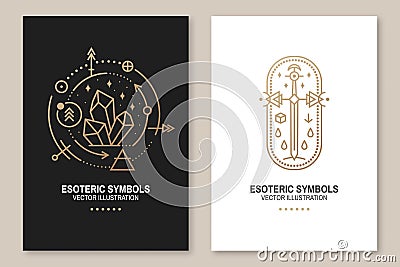 Gold esoteric symbols. Vector. Thin line geometric badge. Outline icon for alchemy or sacred geometry. Mystic and magic Vector Illustration
