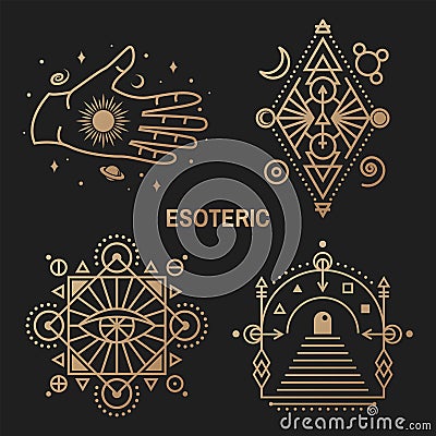 Gold esoteric symbols. Vector. Thin line geometric badge. Outline icon for alchemy or sacred geometry. Mystic, magic Vector Illustration