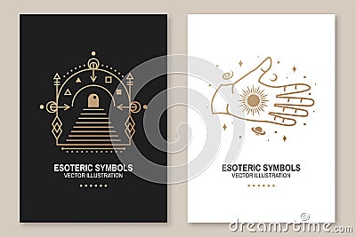 Gold esoteric symbols. Vector. Thin line geometric badge. Outline icon for alchemy or sacred geometry. Mystic, magic Vector Illustration