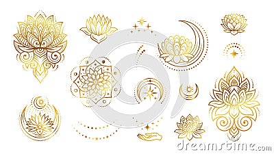 Gold esoteric tattoo printable template. Boho style line elements, moon, lotus and stars. Luxury fashion bohemian vector Vector Illustration