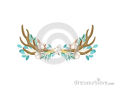 Feathers and cotton decorate the antler. Vector illustration on white background. Vector Illustration
