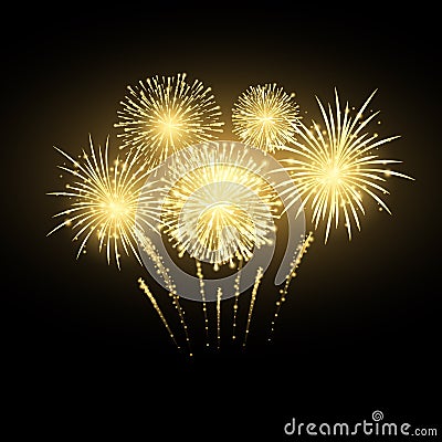 Gold Festival firework. Colorful carnival fireworks holiday background. Vector illustration isolated on dark background Vector Illustration