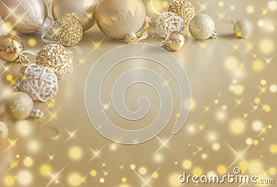 Gold Festive Christmas background. Christmas ball golden decoration. Stock Photo