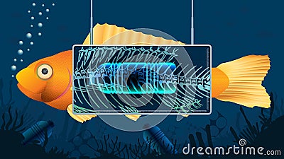 Gold fish behind an X-ray screen showing a plastic bottle inside the fish`s stomach in a blue underwater background contaminated Vector Illustration